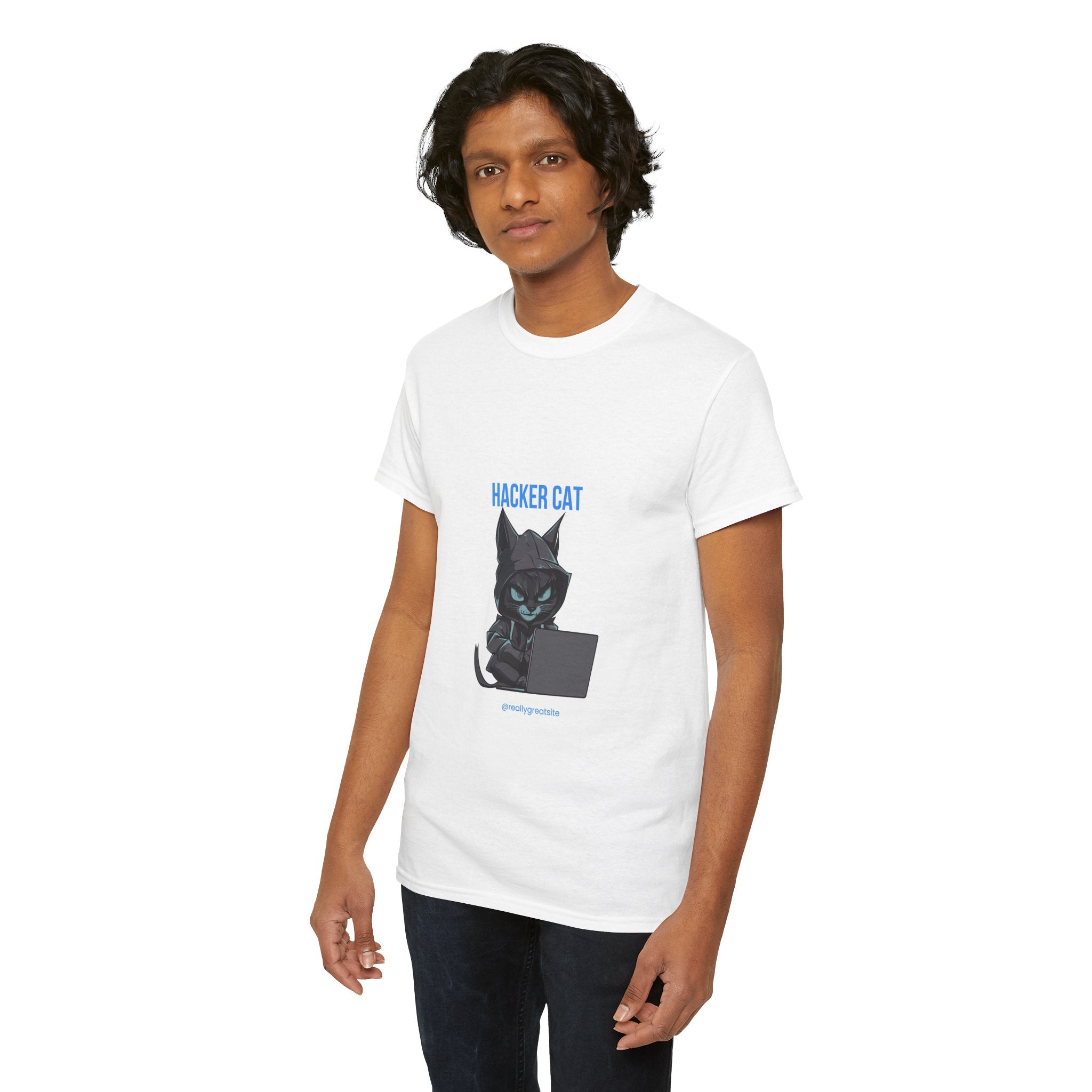Hacker Cat T-Shirt — Cute Black Cat at Laptop Graphic Tee
