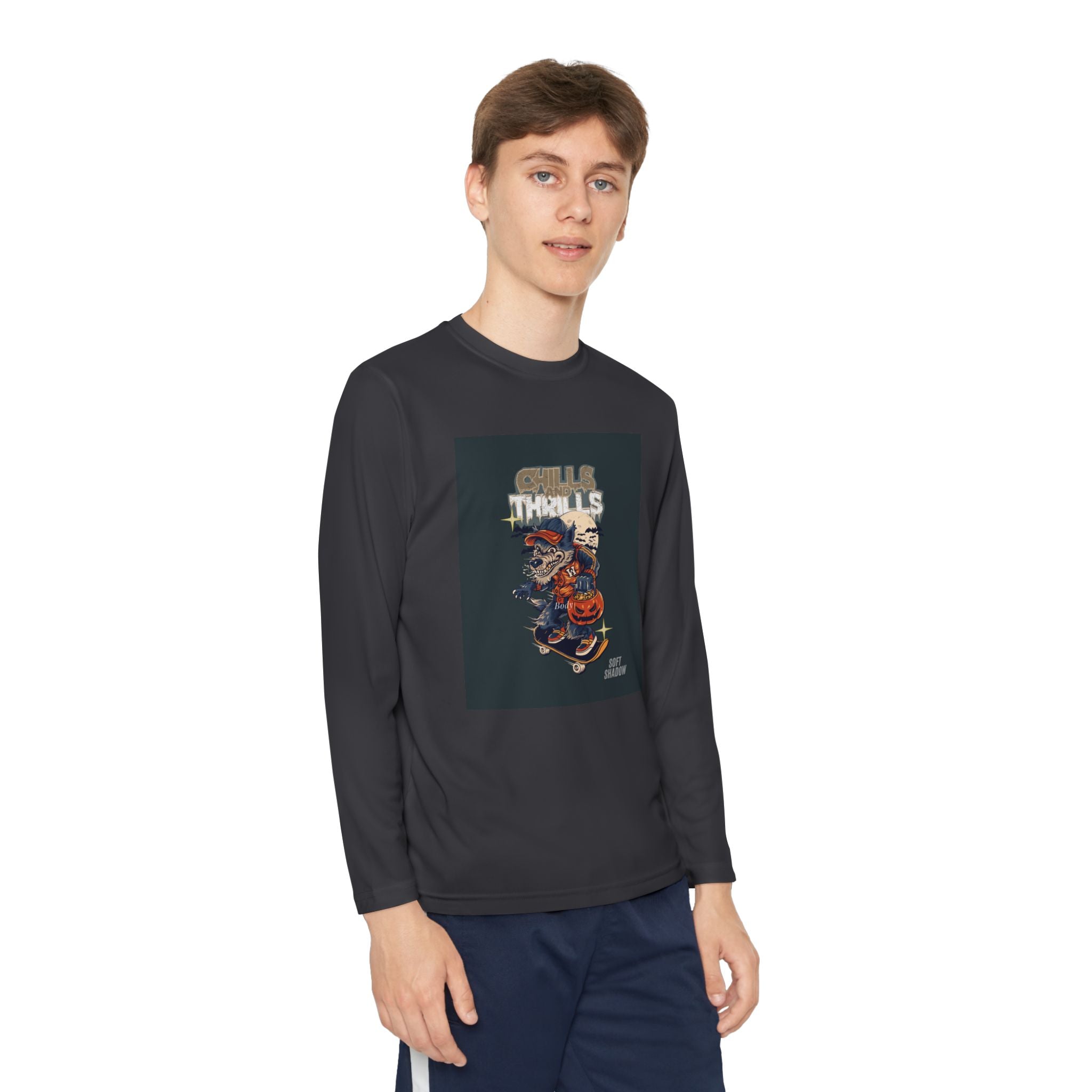 Youth Long Sleeve Tee — 'Skills & Thrills' Skateboard Graphic