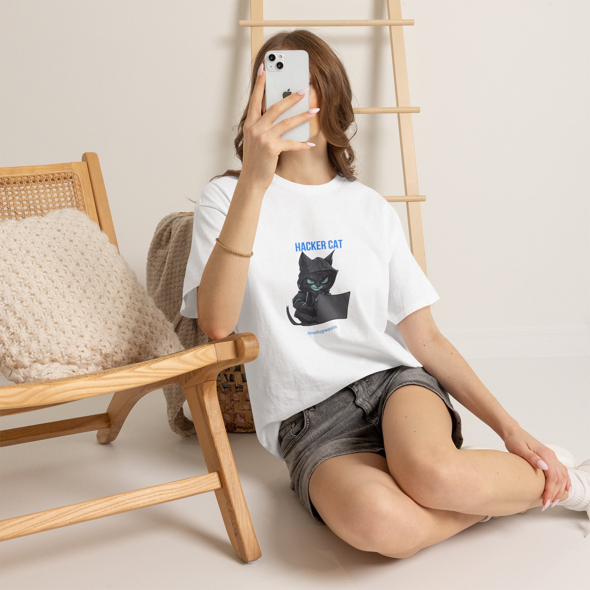 Hacker Cat T-Shirt — Cute Black Cat at Laptop Graphic Tee